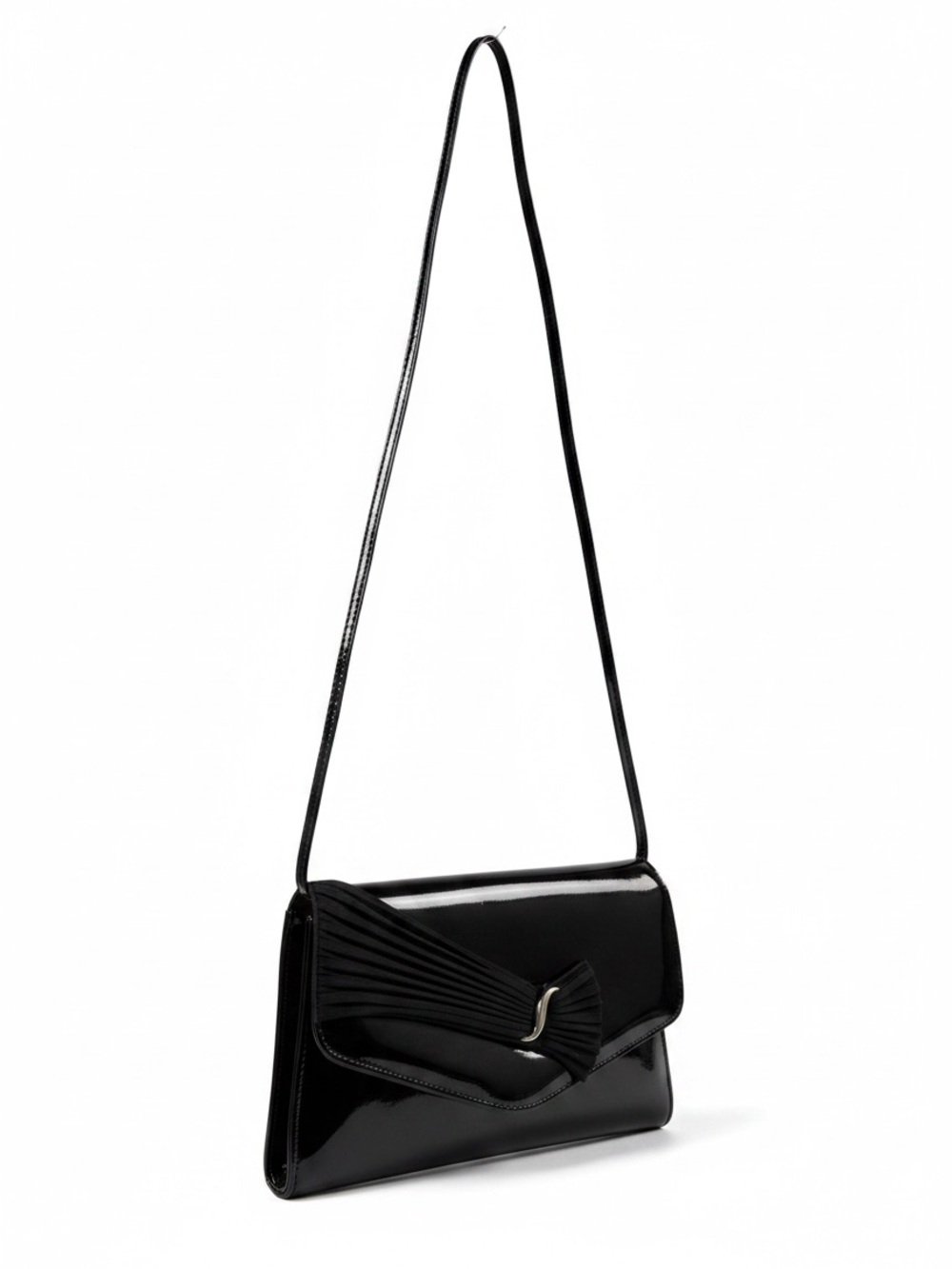 Vintage Black Patent Crossbody Bag with Pleated Bow Accent